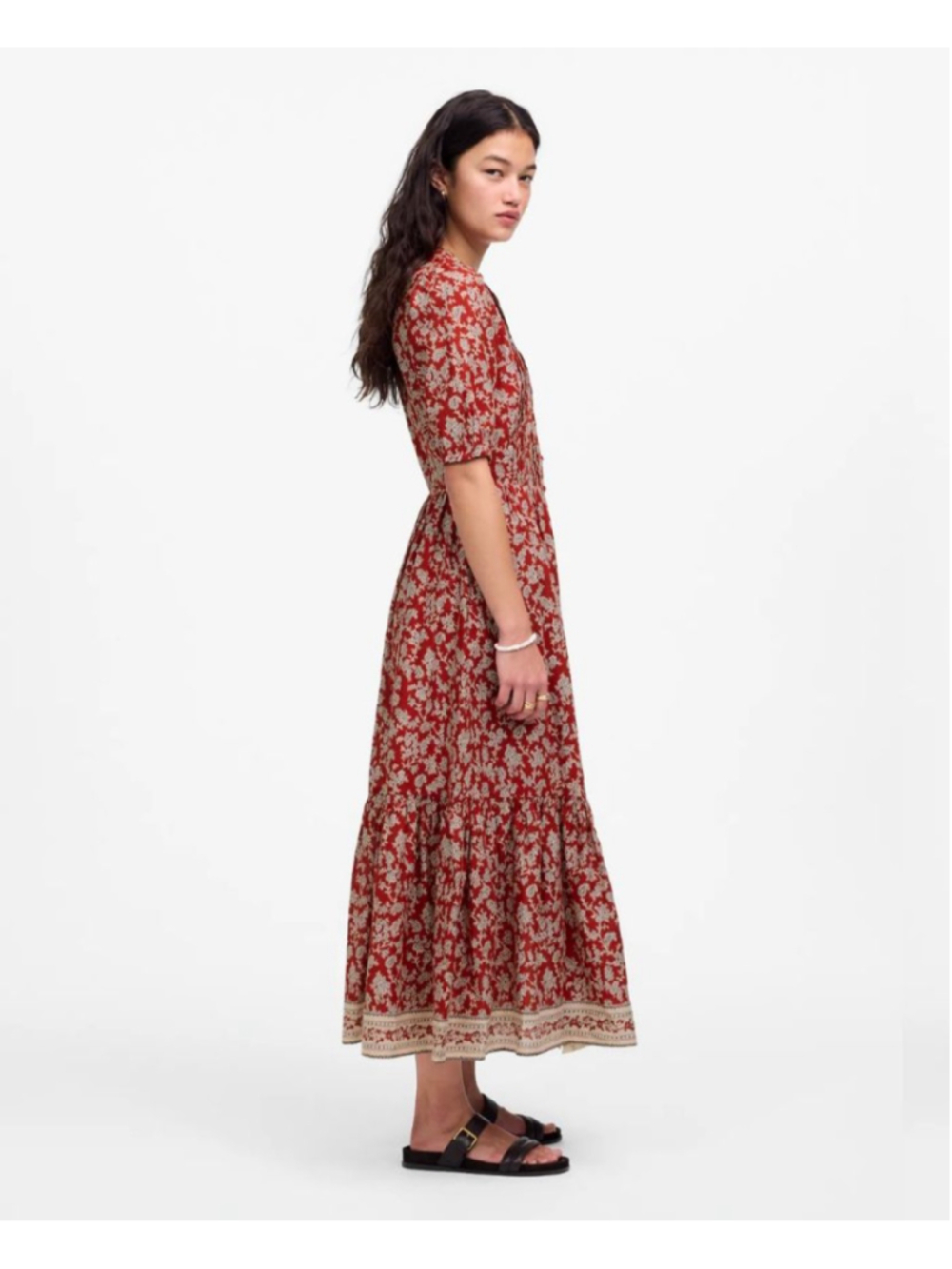 MADEWELL NWT Red Beige Puff Sleeve Floral Print Midi Dress Size 10 - Picture 3 of 9